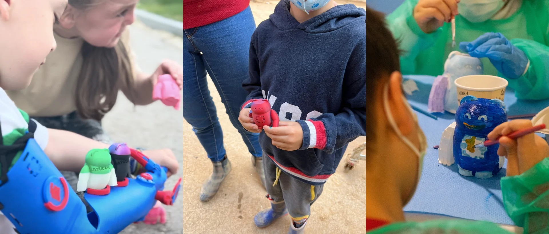 Children playing with their Helpis, images made by Ayúdame3D.